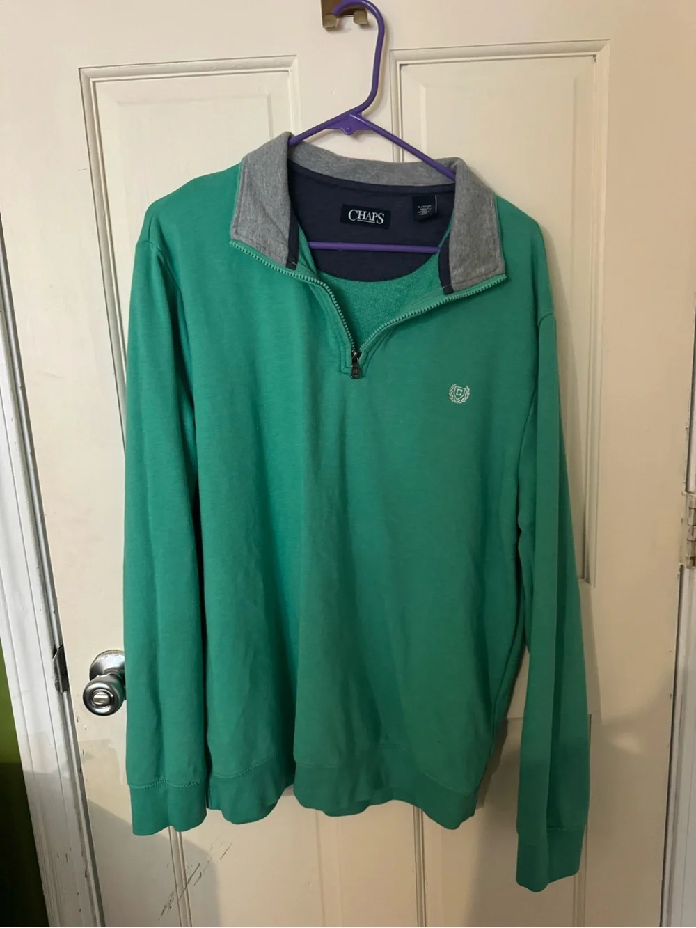 Chaps Men's Teal Green Quarter-Zip Sweater with Gray Trim